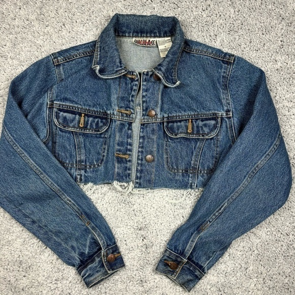 Vintage Jean Jacket Womens Small Bill Blass Denim Cut Off Raw Hem Streetwear - Picture 1 of 4